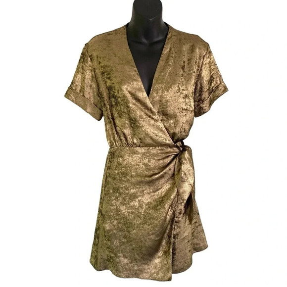 ZARA Gold Mini Dress Tie Waist - Picture 4 of 11